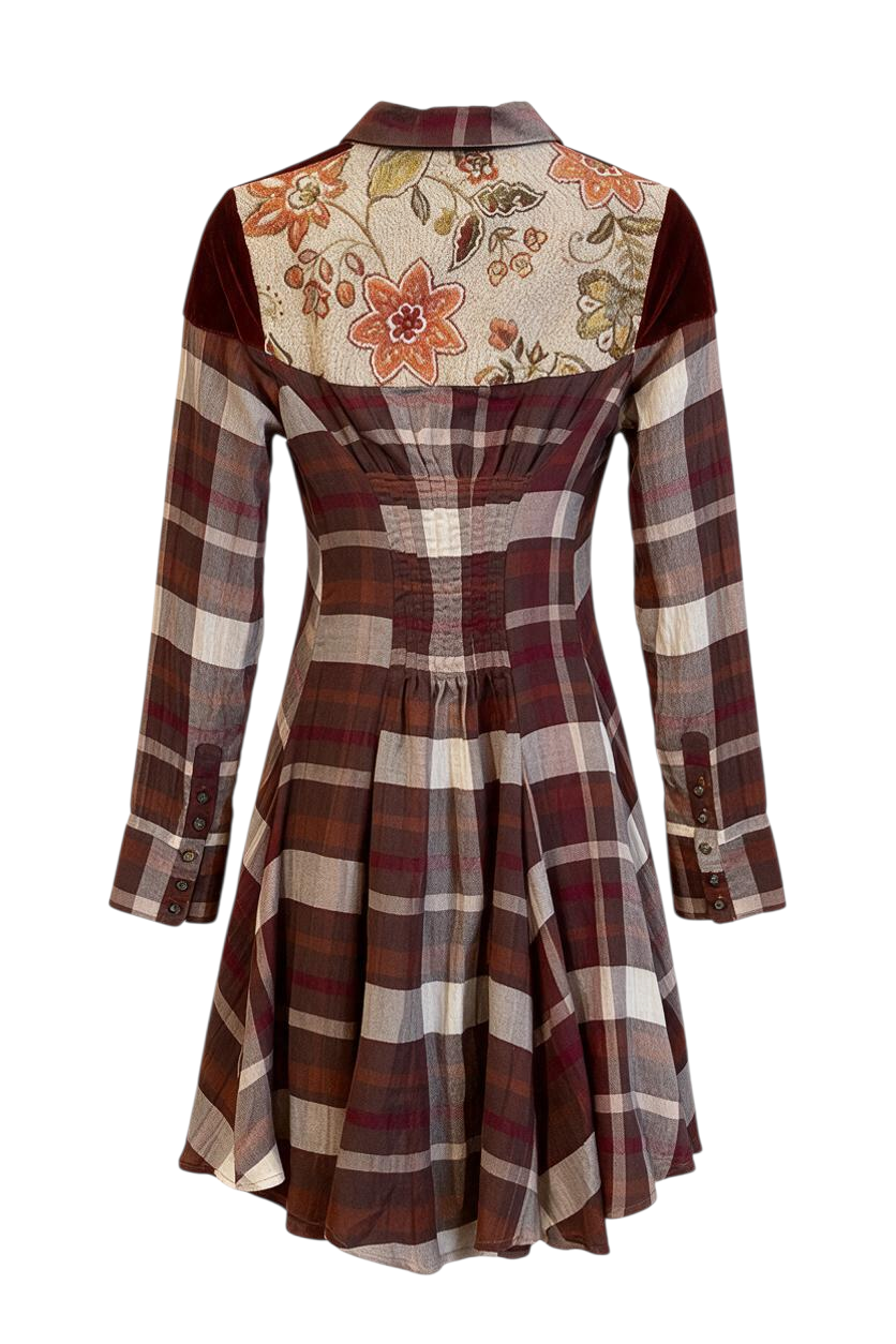 Trestles Clothing Company Omaha Tunic featuring a plaid print, velvet shoulder panels, and floral embroidery back.