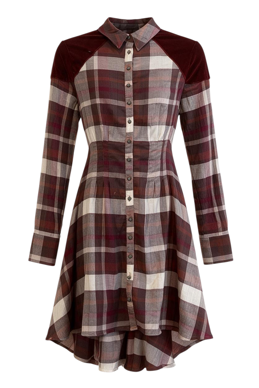 Trestles Clothing Company Omaha Tunic in a burgundy plaid print with velvet shoulder panels and a button-up front.