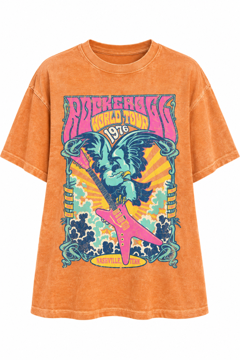 Trestles Clothing Company orange vintage-wash cropped graphic tee with Rock n Roll 1976 eagle and guitar print