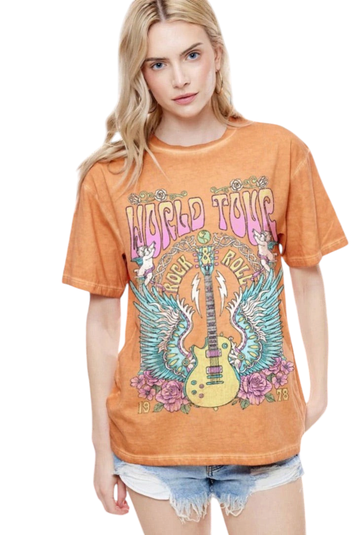 Trestles Clothing Company orange vintage-wash graphic tee with World Tour 1978 guitar print on soft cotton fabric