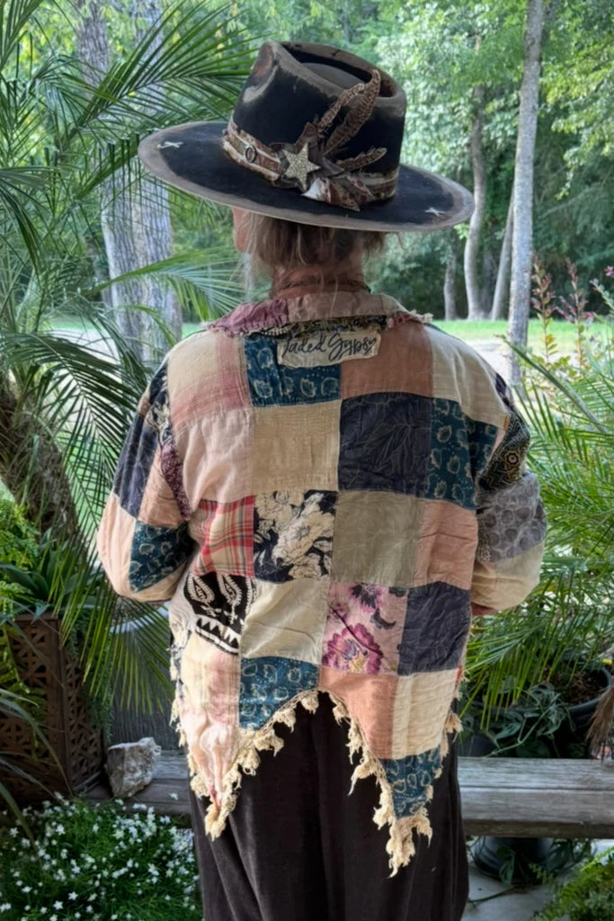 Trestles Clothing Company Splitting Ways patchwork cotton jacket with a high-low lace hem worn with a western hat
