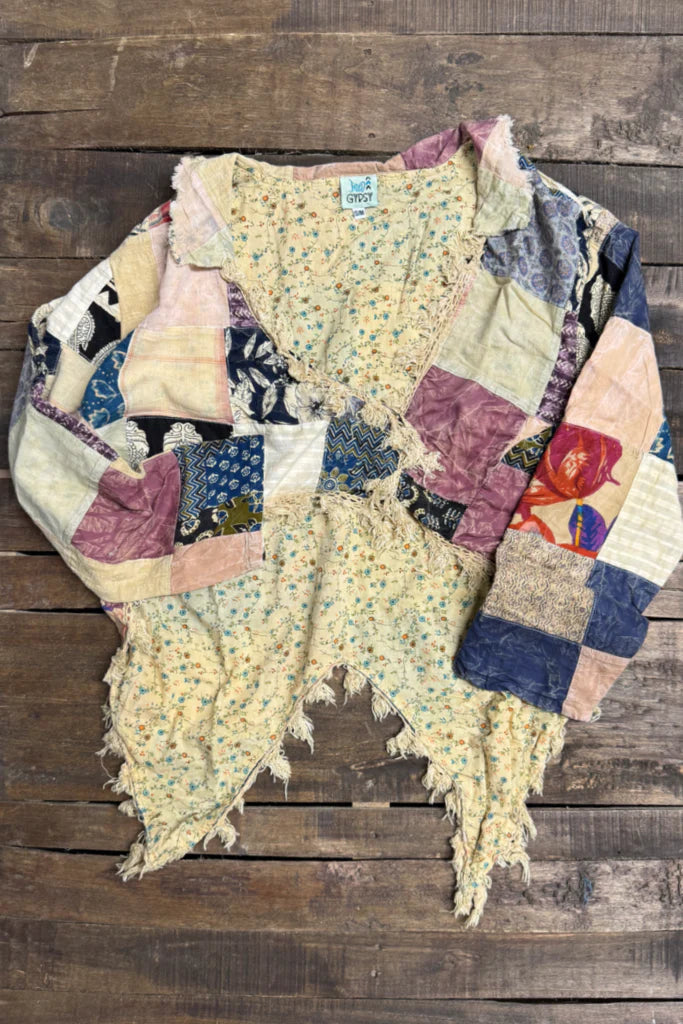 Trestles Clothing Company Splitting Ways patchwork cotton jacket with a high-low lace hem and floral lining.