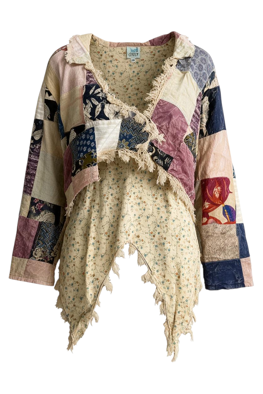 Trestles Clothing Company Splitting Ways patchwork cotton jacket with floral lining, lace trim, and high-low hem.
