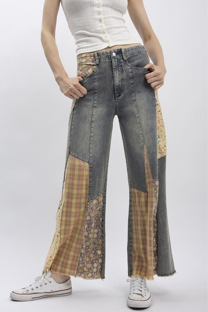Trestles Clothing Company Cut & Sew jeans featuring vintage-style denim with floral and plaid patchwork inserts.