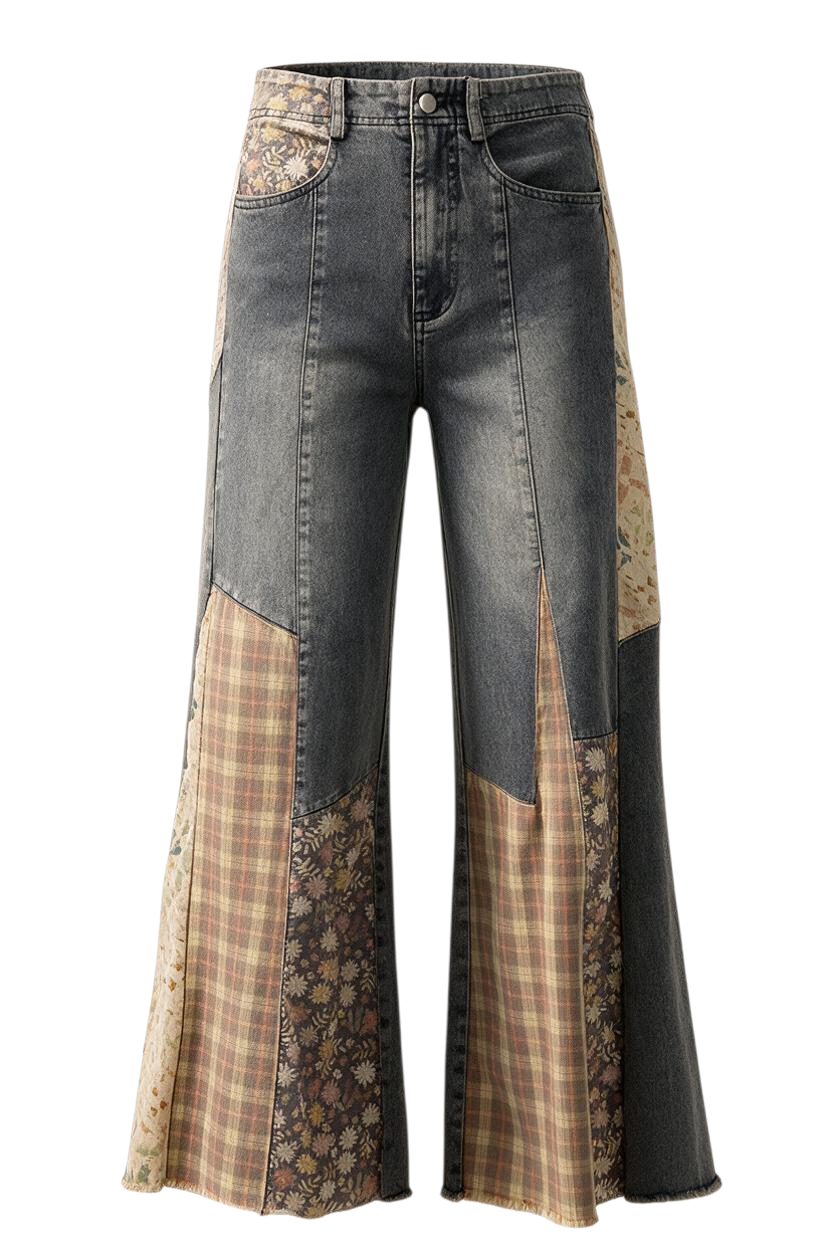 Trestles Clothing Company Cut & Sew Jeans featuring upcycled denim with floral and plaid patchwork panels