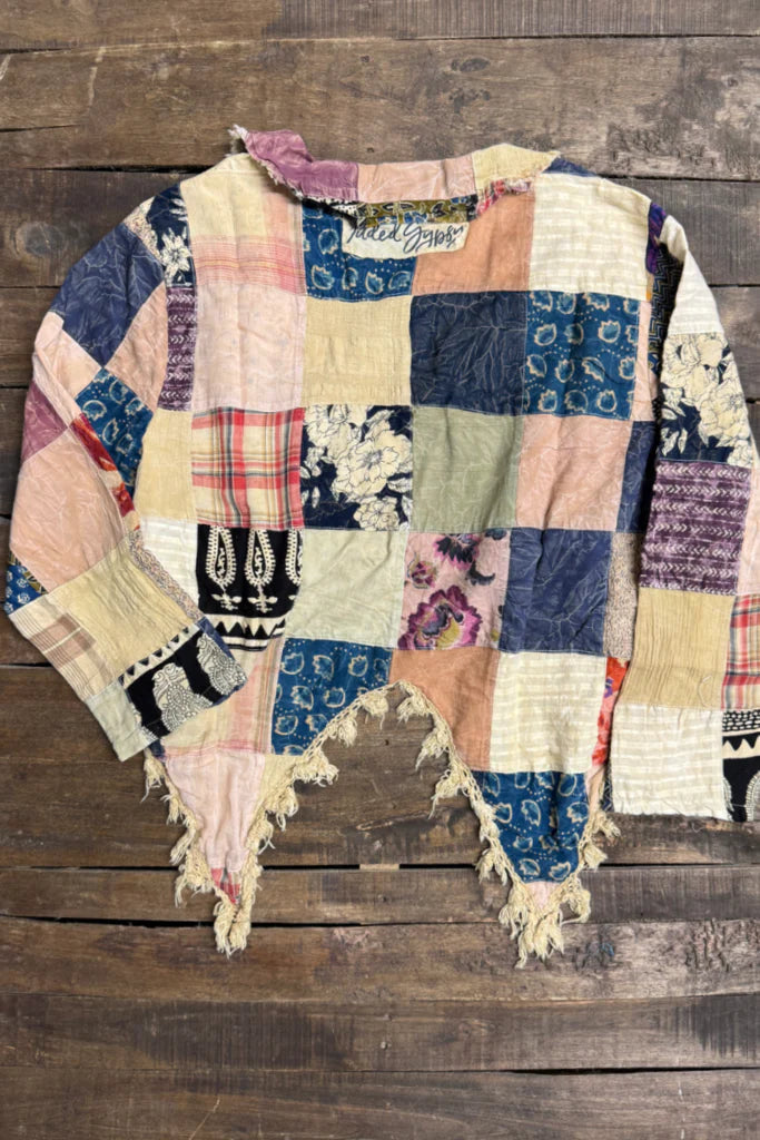 Trestles Clothing Company Splitting Ways Jacket in multi-colour patchwork cotton with a frayed high-low hem.