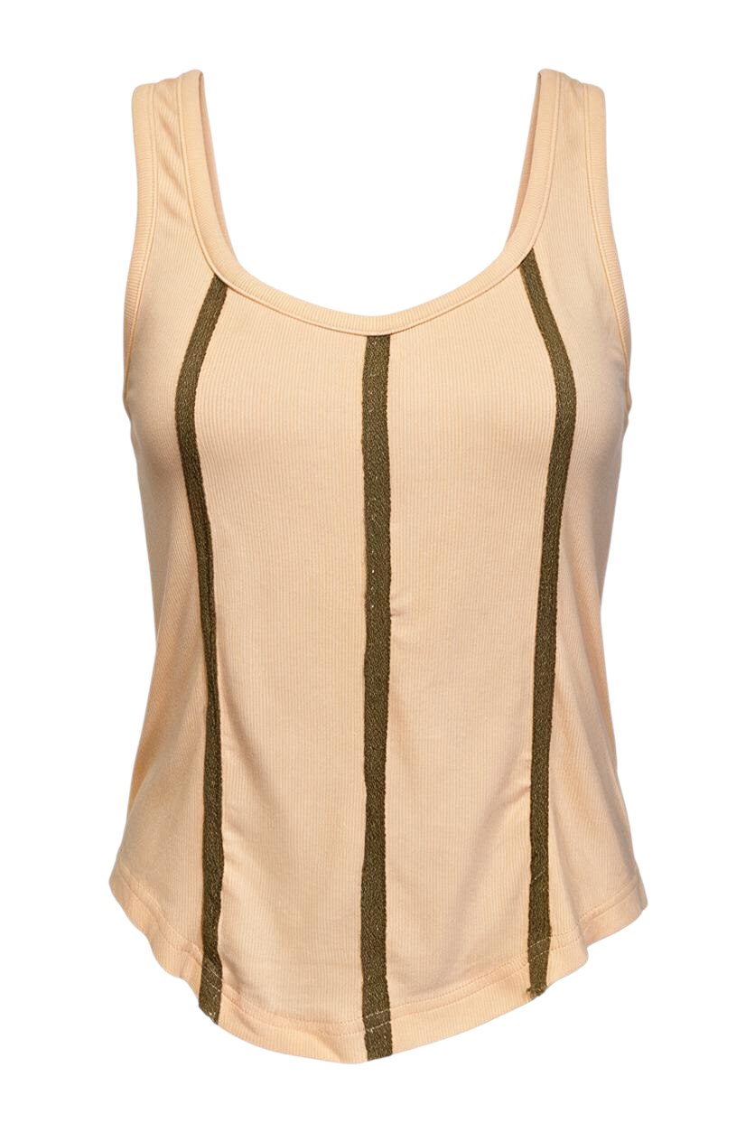 Trestles Clothing Company peach fitted sleeveless tank top with vertical lace trim detail and scoop neckline.