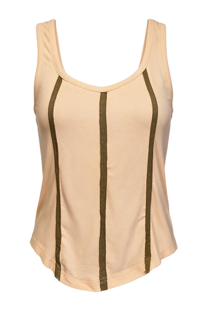 Trestles Clothing Company peach fitted sleeveless tank top with vertical lace trim detail and scoop neckline.