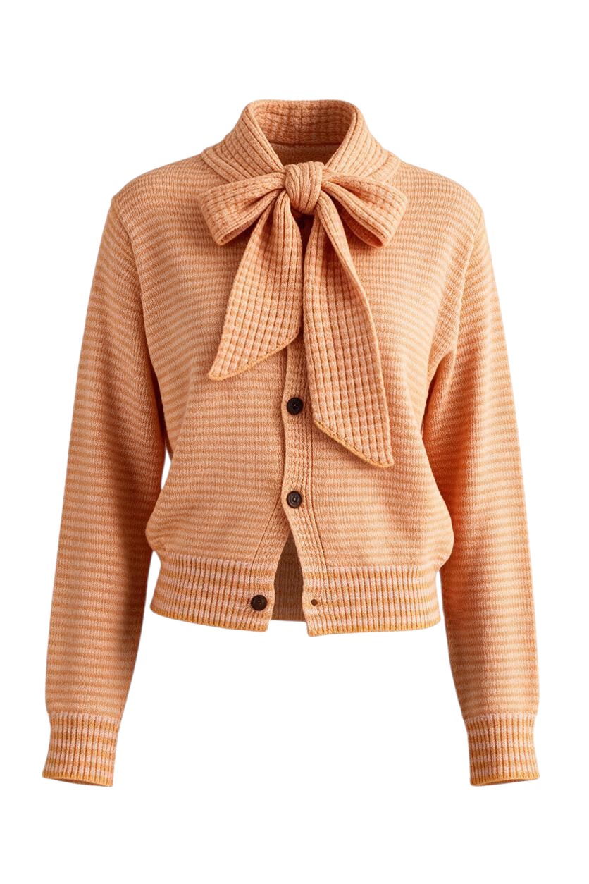 Trestles Clothing Company peach boxy knit sweater with an attached scarf tie and front button closure