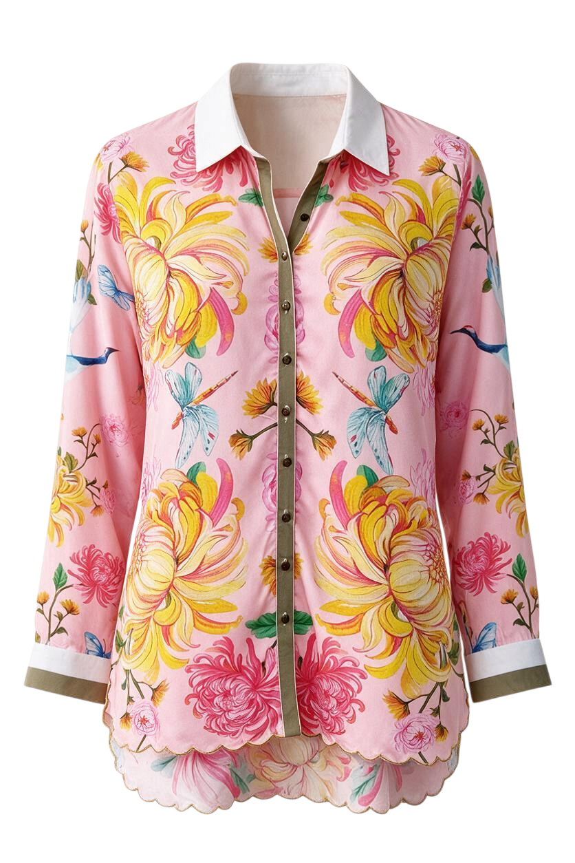Trestles Clothing Company pink viscose blouse with crane and floral print, white collar, and button-down front.