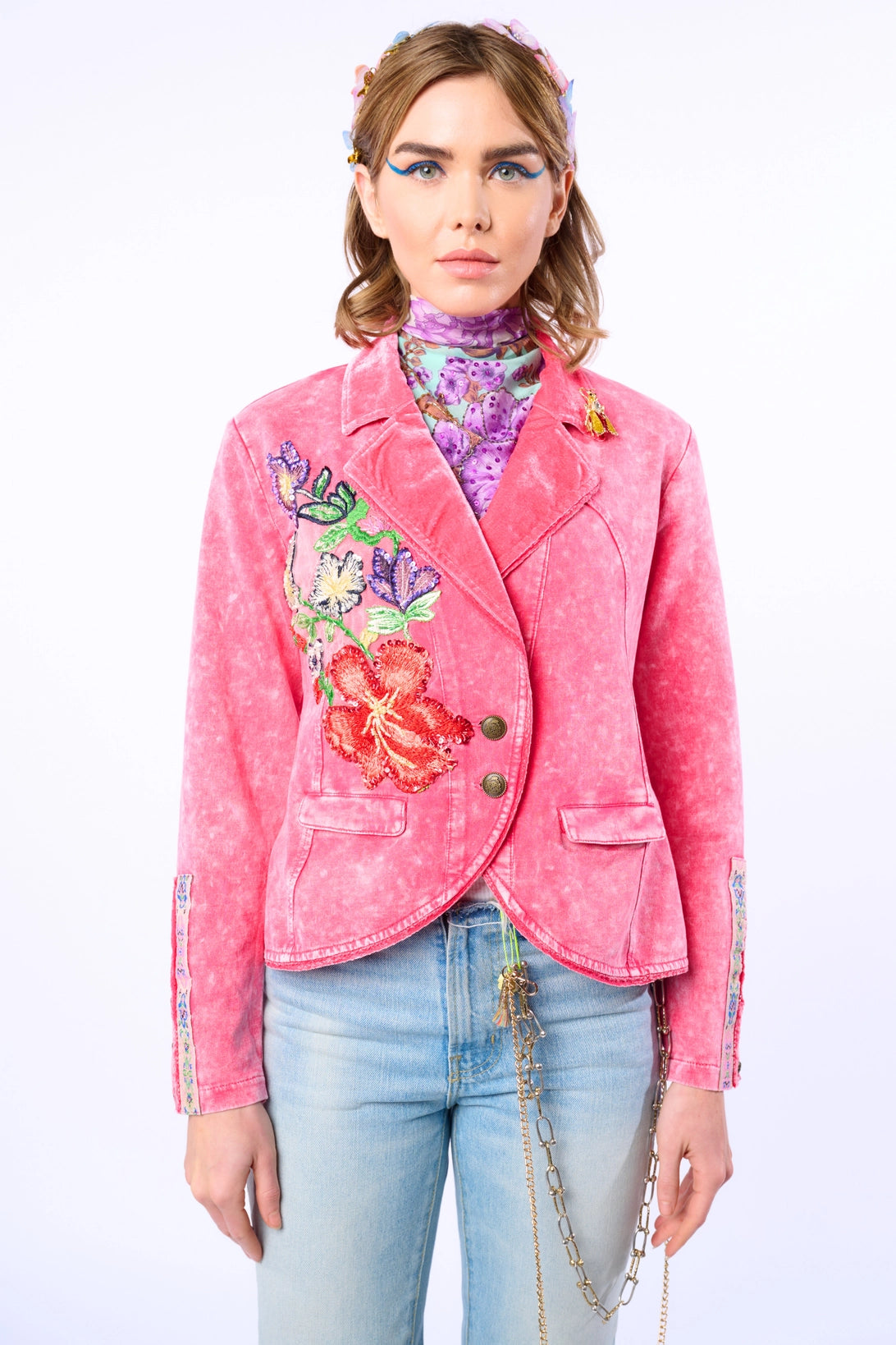 Trestles Clothing Company acid washed pink French terry blazer with floral embroidery, velvet lapel, and bee brooch.