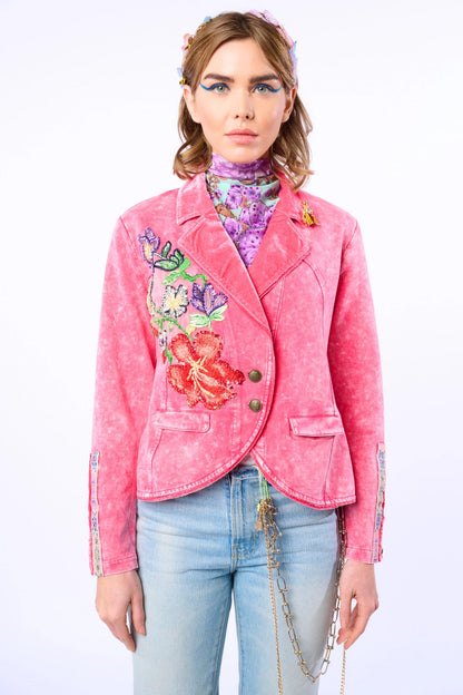 Trestles Clothing Company acid washed pink French terry blazer with floral embroidery, velvet lapel, and bee brooch.