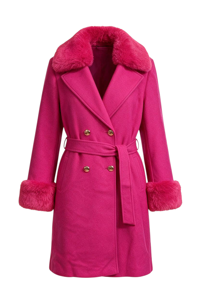 Trestles Clothing Company bright pink coat with removable faux fur collar and cuffs, worn by a woman in a boutique.