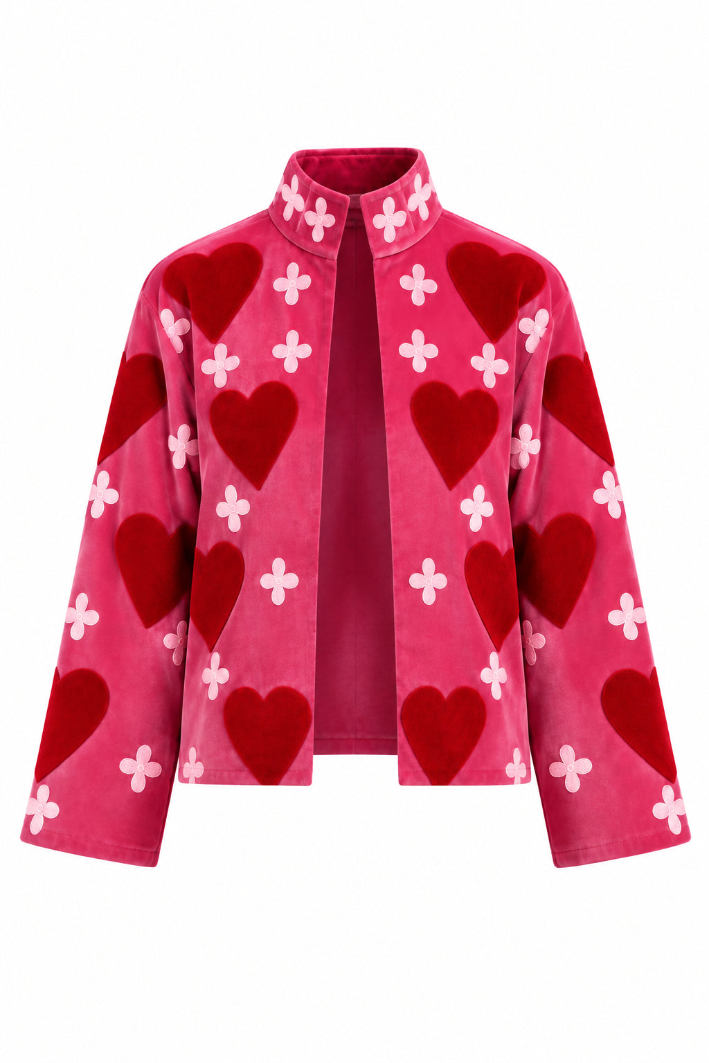 Trestles Clothing Company hot pink cotton velvet jacket with red embroidered hearts and a mandarin collar