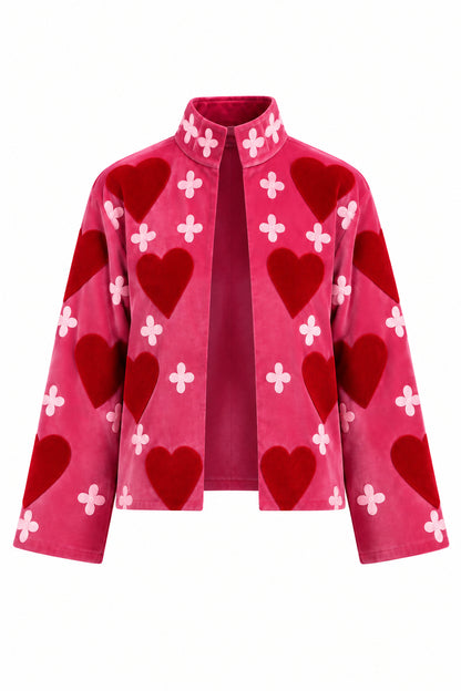 Trestles Clothing Company hot pink cotton velvet jacket with red embroidered hearts and a mandarin collar