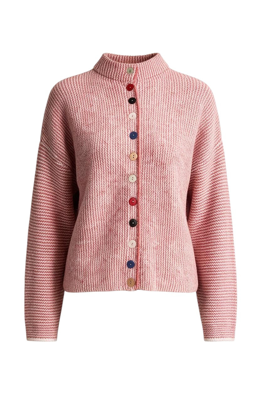 Trestles Clothing Company cozy pink knit sweater featuring a unique row of mismatched colorful buttons.
