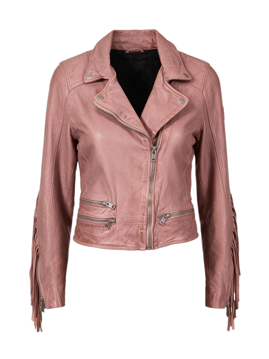 Trestles Clothing Company Zoe pink nubuck leather biker jacket with fringe detailing, zippered pockets, and sleeves.