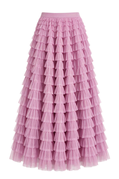 Trestles Clothing Company pink maxi skirt featuring tiered ruffled tulle layers and a comfortable elastic waistband.