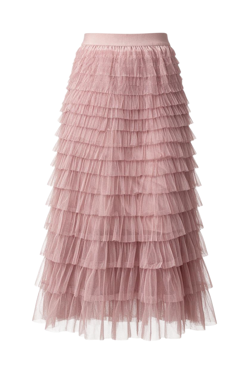 Trestles Clothing Company dusty pink maxi skirt featuring tiered ruffled tulle layers and a comfortable elastic waist.