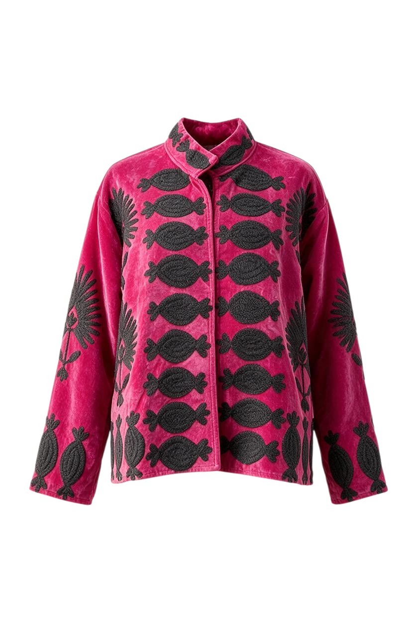 Trestles Clothing Company hot pink cotton velvet jacket with black intricate embroidery and a mandarin collar