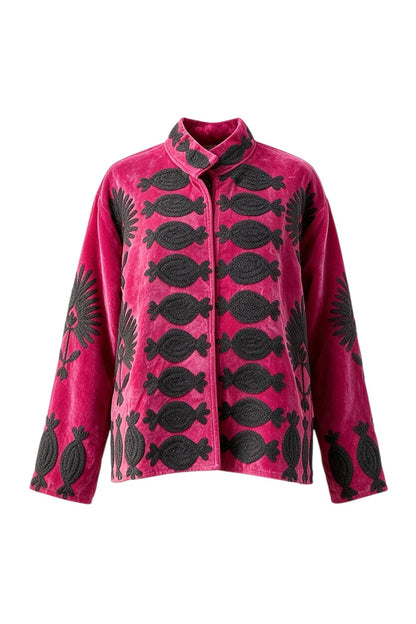Trestles Clothing Company hot pink cotton velvet jacket with black intricate embroidery and a mandarin collar