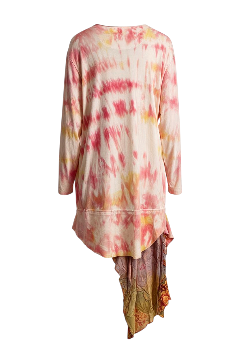 Trestles Clothing Company Gianni Touch Top in pink and yellow tie-dye with asymmetrical scarf hem and quote detail.