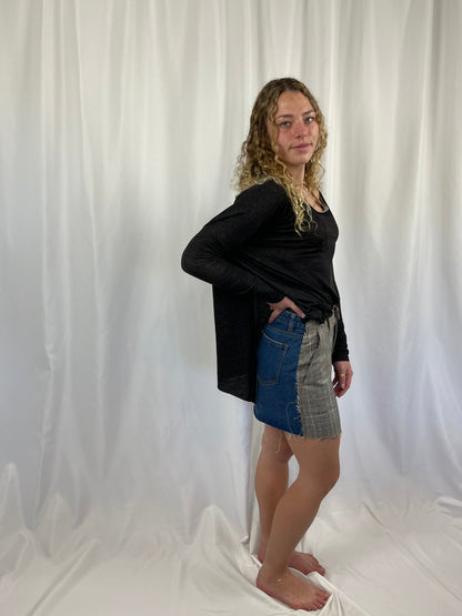 Trestles Clothing Company micro mini skirt featuring an upcycled plaid and denim design with side and back pockets