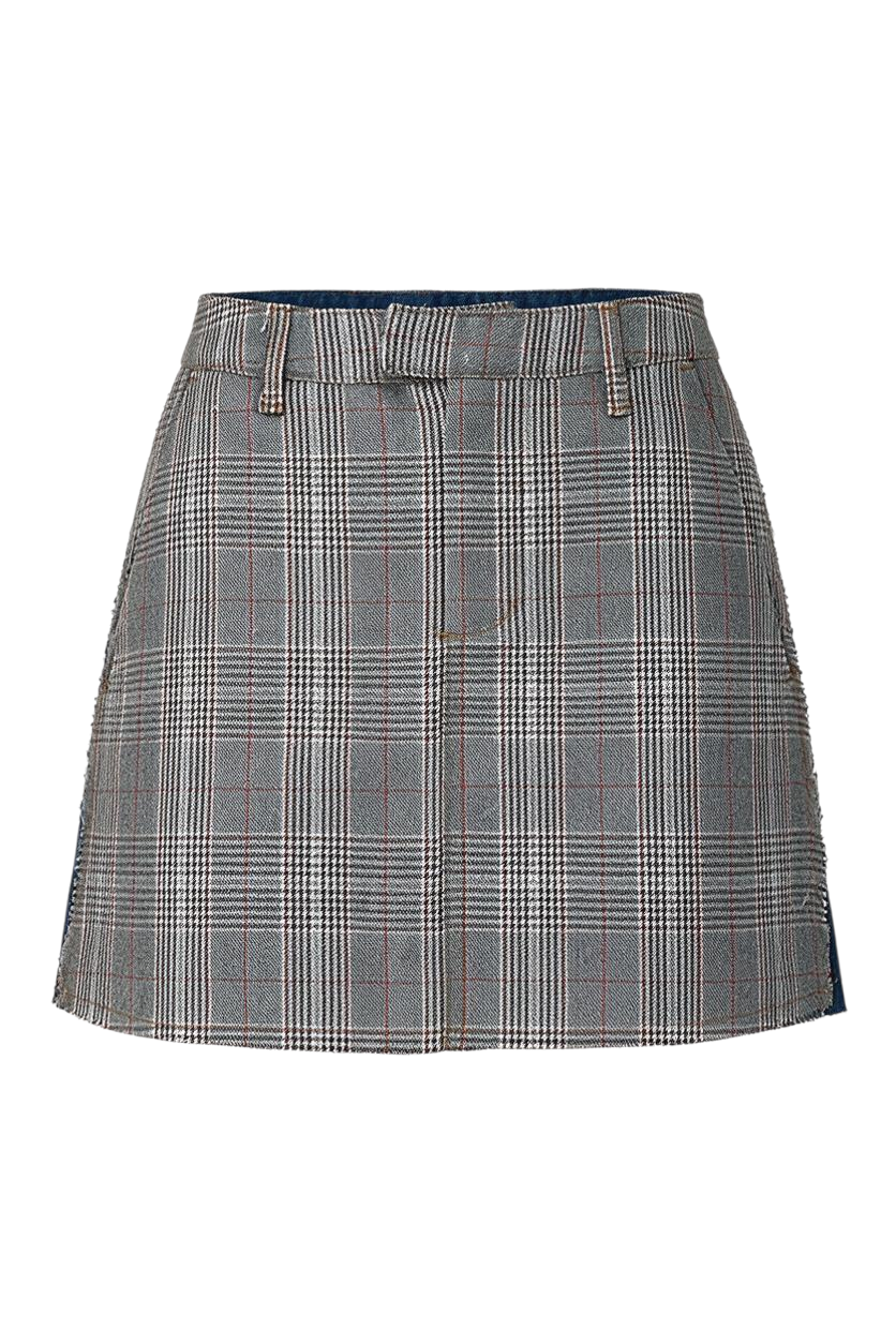 Trestles Clothing Company micro mini skirt featuring a grey plaid pattern and contrasting denim back panels.