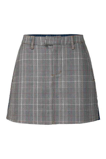 Trestles Clothing Company micro mini skirt featuring a grey plaid pattern and contrasting denim back panels.