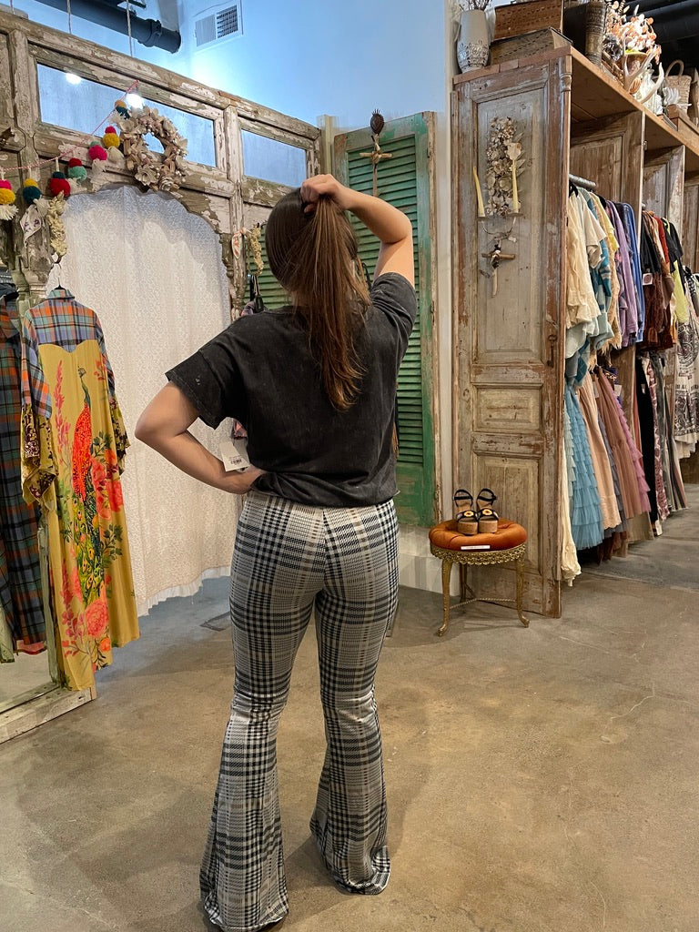 Trestles Clothing Company 70's style plaid knit bellbottoms with a fitted elastic waistband, back view.
