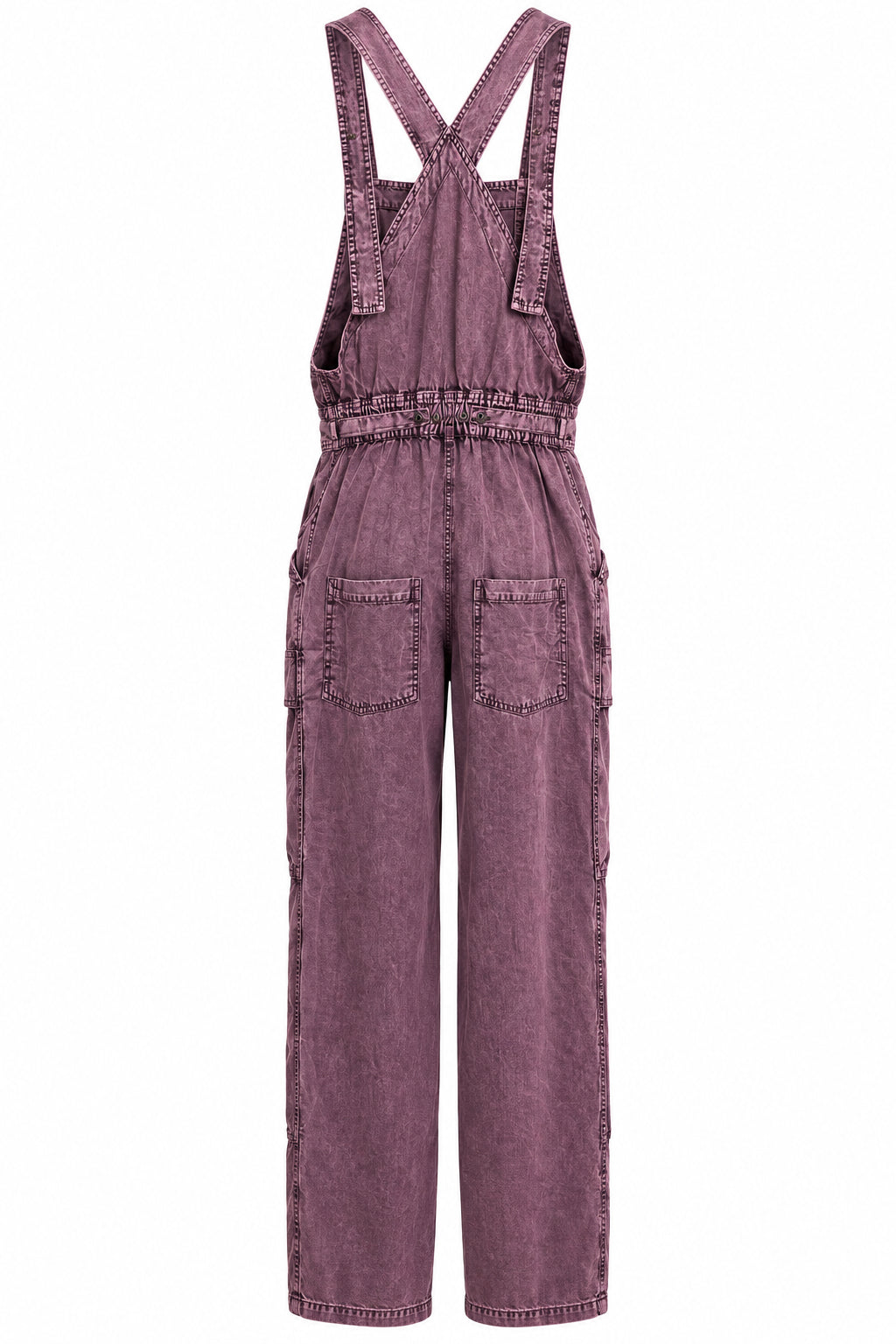Back view of Trestles Clothing Company plum vintage dyed cotton overalls with back pockets and adjustable straps