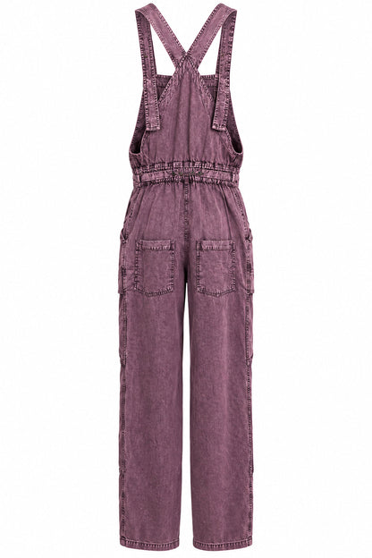 Back view of Trestles Clothing Company plum vintage dyed cotton overalls with back pockets and adjustable straps