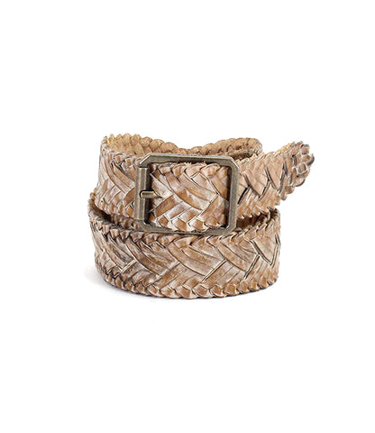 Trestles Clothing Company Proem Belt, a handwoven brown leather belt with a vintage metal buckle and rugged texture.