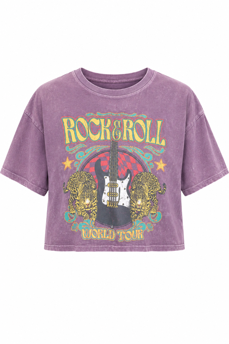 Trestles Clothing Company purple cropped graphic tee with vintage rock and roll guitar and leopard print design