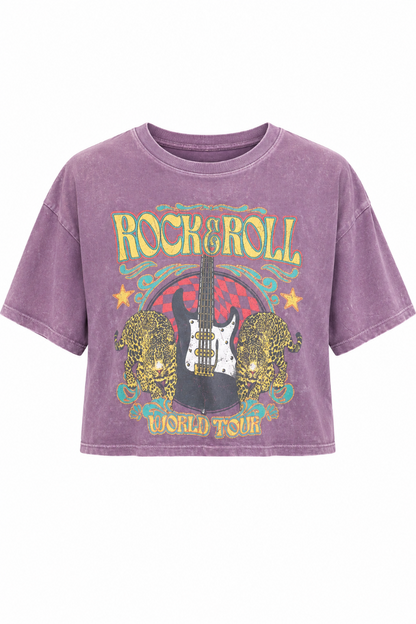 Trestles Clothing Company purple cropped graphic tee with vintage rock and roll guitar and leopard print design