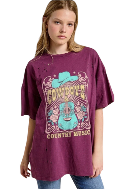 Trestles Clothing Company oversized purple cotton graphic tee with distressed details and western floral print