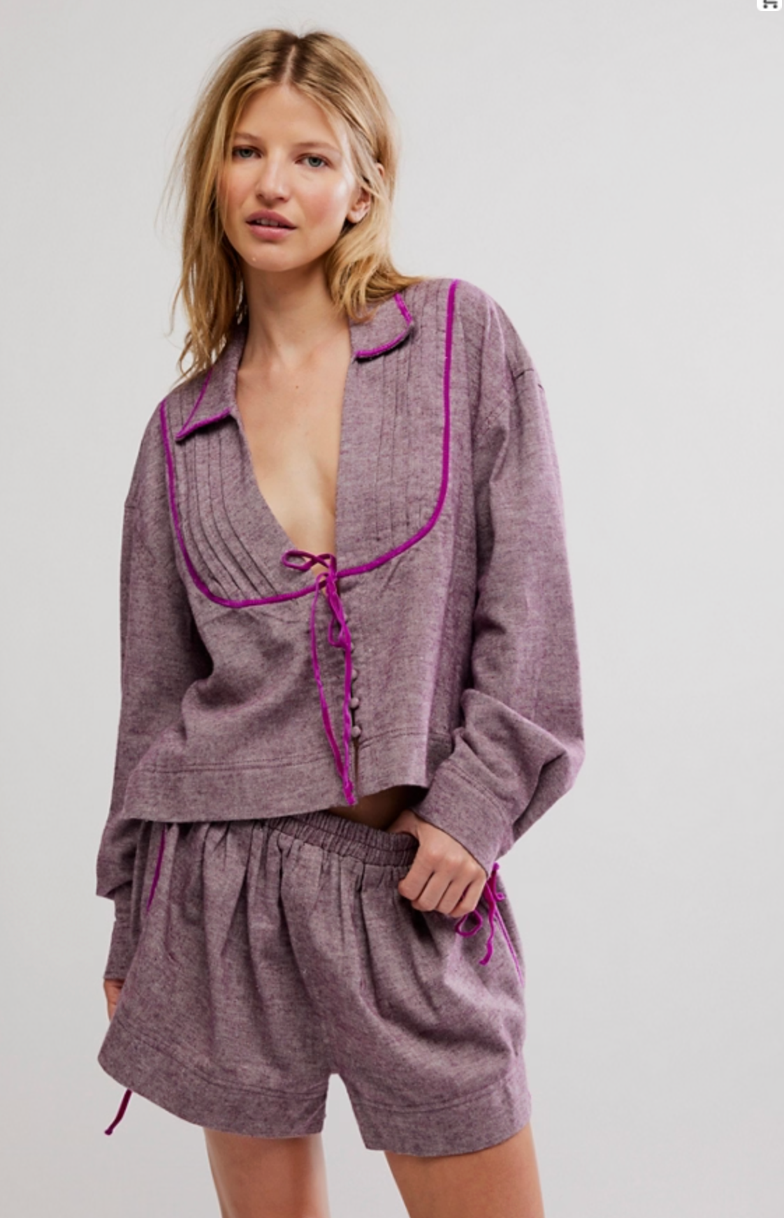 Trestles Clothing Company Close To Home purple cotton flannel top with velvet trim, front pleats, and V-neckline.