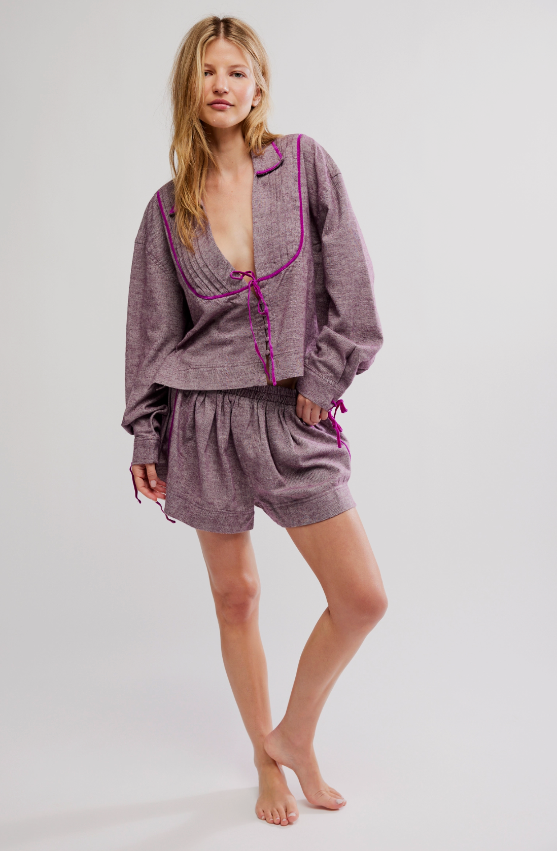 Trestles Clothing Company Close To Home flannel top in purple with velvet trim, front pleats, and V-neckline.