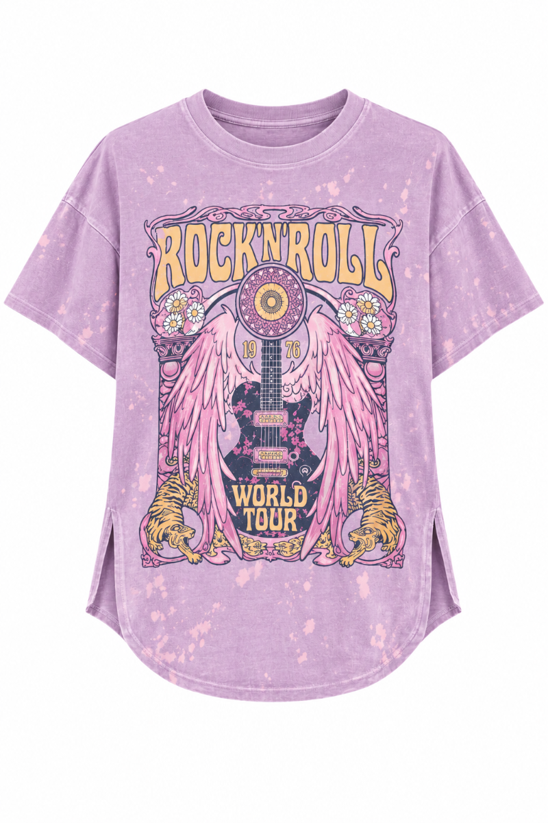 Trestles Clothing Company vintage-style purple cropped graphic tee with Rock n Roll World Tour print and side slits.