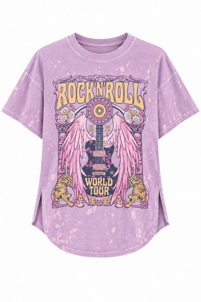 Trestles Clothing Company vintage-style purple cropped graphic tee with Rock n Roll World Tour print and side slits.