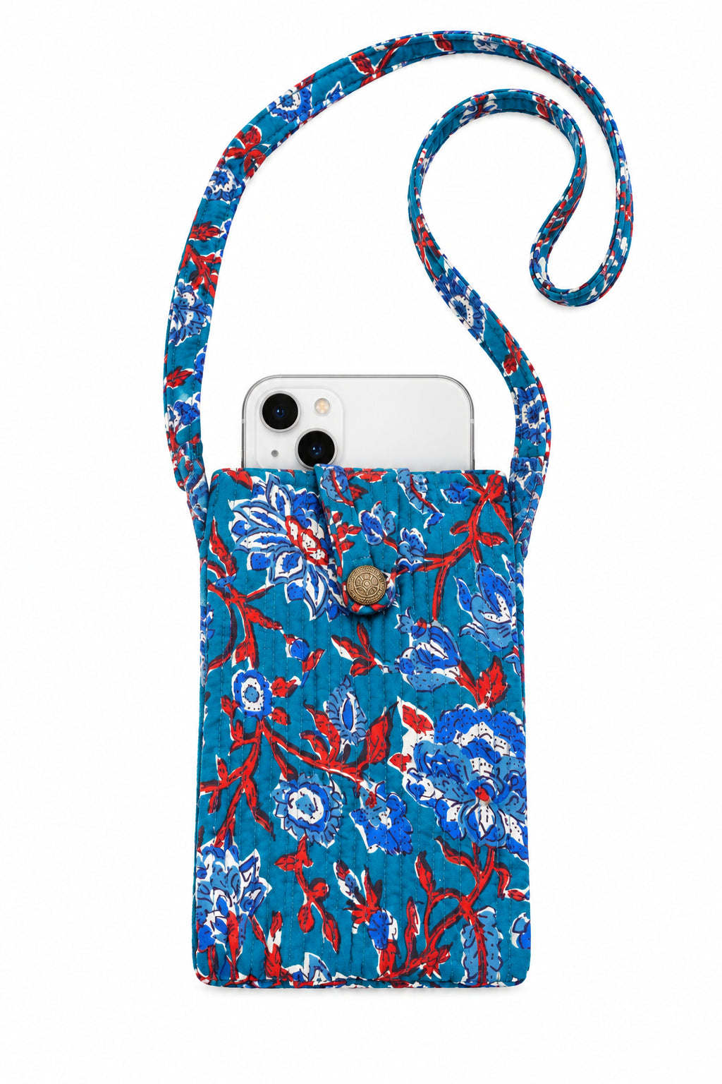 Trestles Clothing Company quilted cotton crossbody cell bag in vibrant blue floral print with a button closure