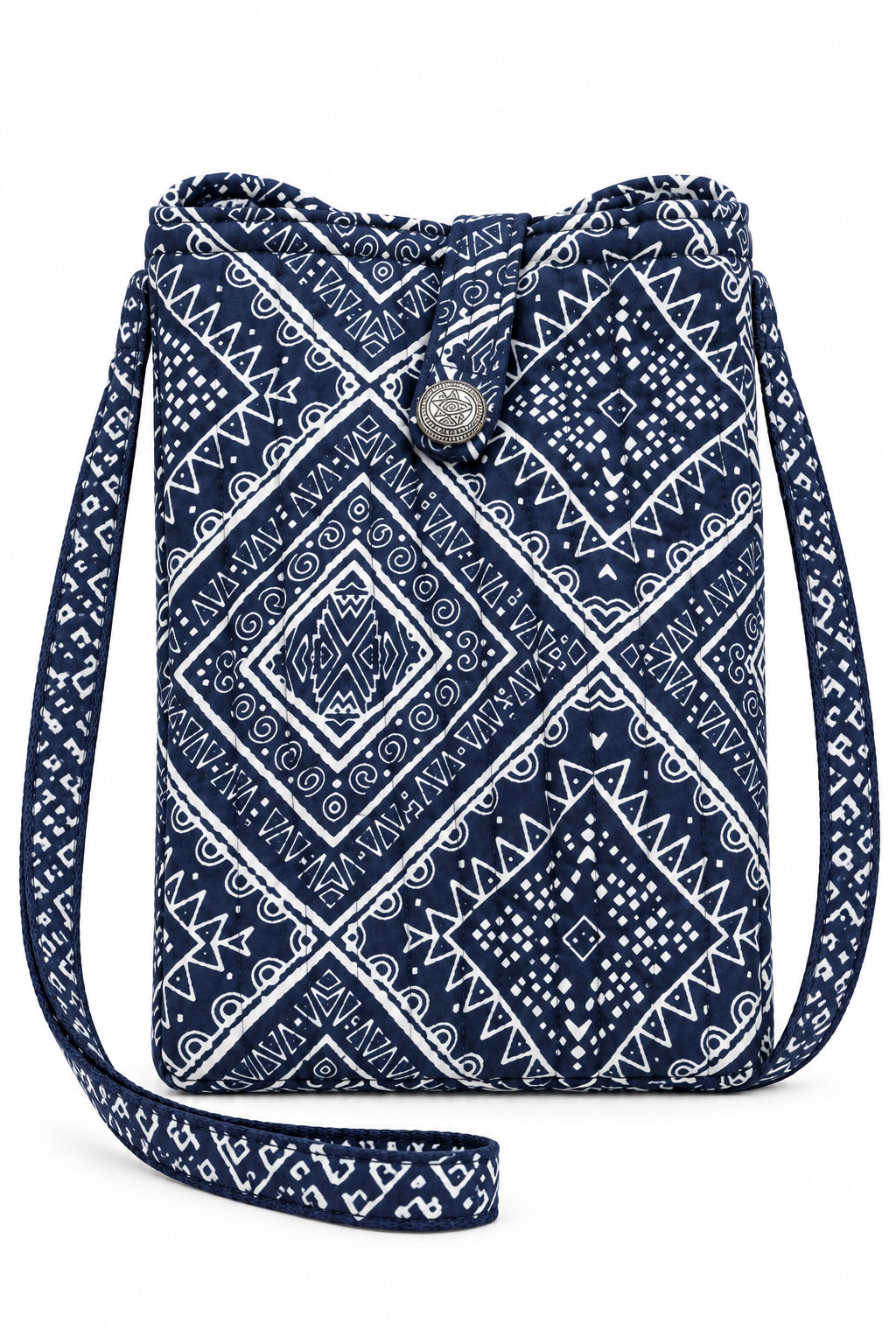 Trestles Clothing Company quilted cotton crossbody cell bag in navy and white with a boho geometric print