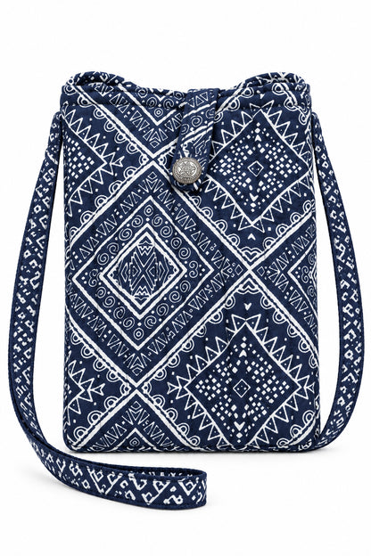 Trestles Clothing Company quilted cotton crossbody cell bag in navy and white with a boho geometric print