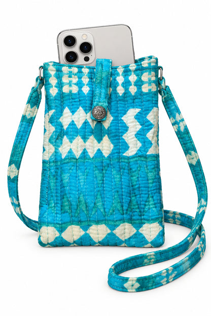 Trestles Clothing Company quilted cotton boho cell bag in bright turquoise with white geometric print and button
