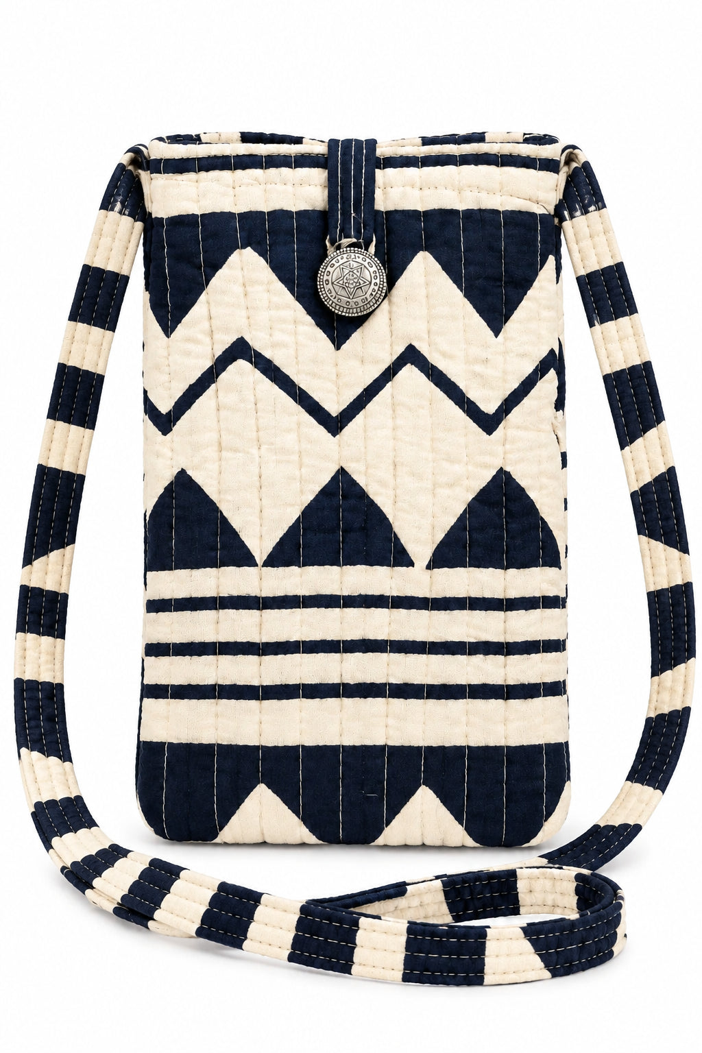 Trestles Clothing Company quilted cotton boho cell bag in black and cream with a geometric pattern and button closure