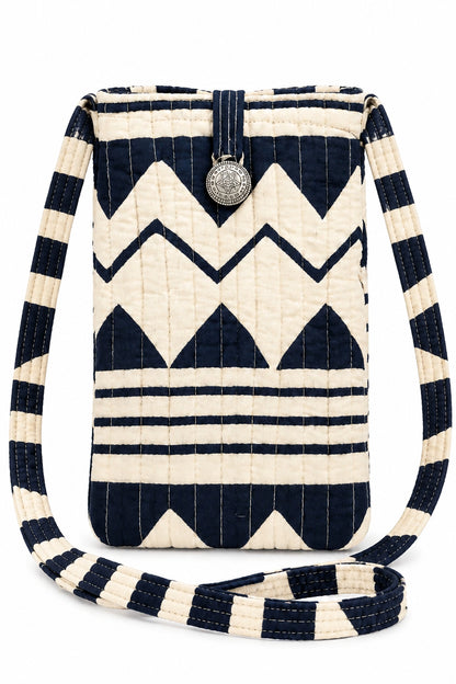 Trestles Clothing Company quilted cotton boho cell bag in black and cream with a geometric pattern and button closure