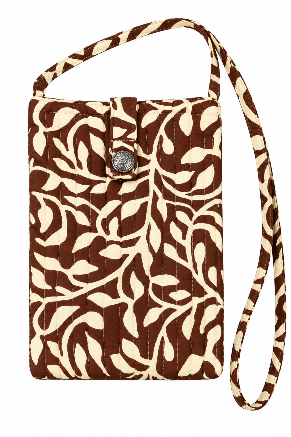 Trestles Clothing Company quilted cotton boho cell bag in brown and cream with a single button closure