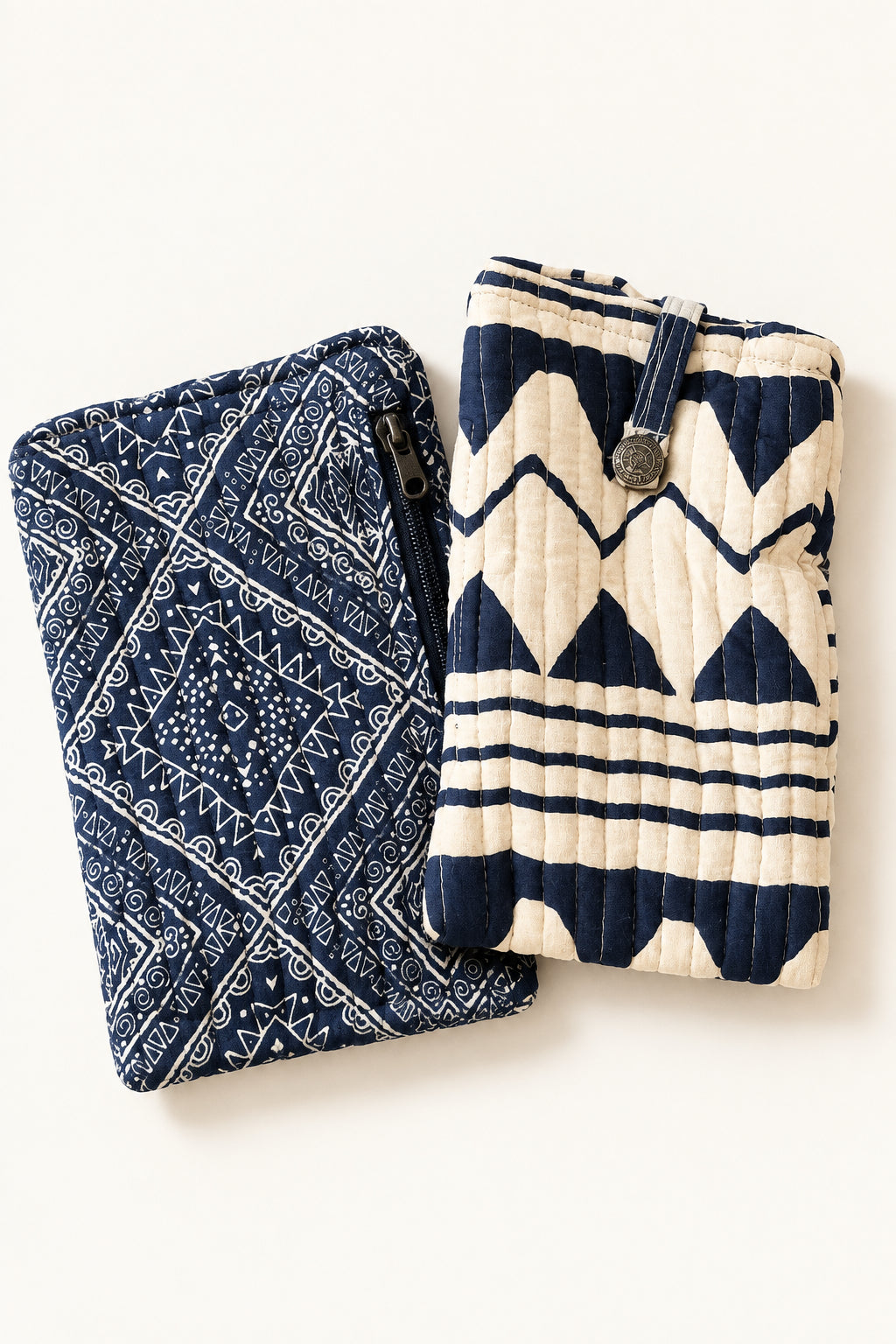Trestles Clothing Company quilted cotton boho cell bags in black and white geometric prints with button closure