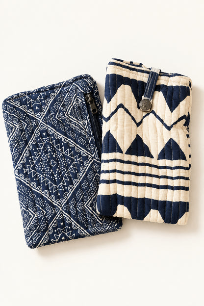 Trestles Clothing Company quilted cotton boho cell bags in black and white geometric prints with button closure