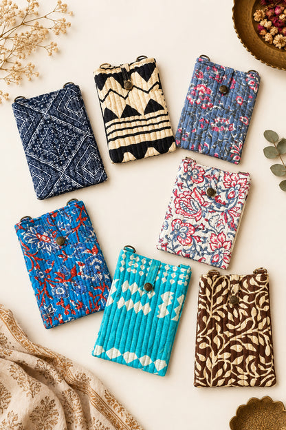 Trestles Clothing Company collection of seven colorful quilted cotton crossbody cell bags with boho patterns.